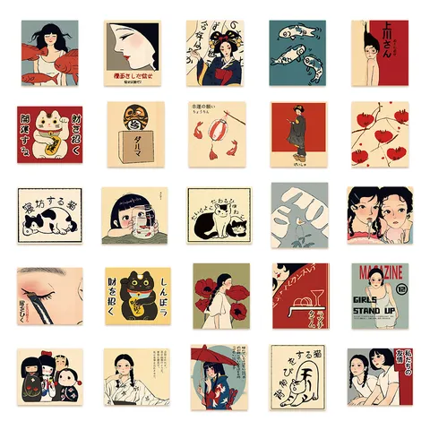 Original Japanese Style Retro Decorative Stickers Set Cute Cartoon Illustration Waterproof Journal Water Bottle Sticker Pack