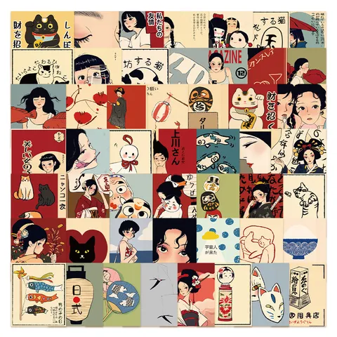 Original Japanese Style Retro Decorative Stickers Set Cute Cartoon Illustration Waterproof Journal Water Bottle Sticker Pack