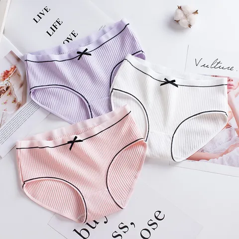 Women Casual Ribbed Cotton Panties Mid Waist Solid Color Briefs With Cute Bowknot Comfortable Underwear