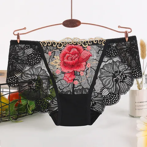 Women Sexy Lace Briefs Floral Embroidery Breathable Mid Waist Panties Comfortable Cotton Crotch Underwear