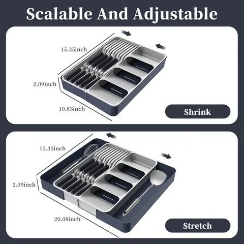 Organisateur de Tiroir de Cuisine Plateau à Couvets Extensible Support de Couverts pour Cuillère Fourchette Couteau Boîte de Rangement