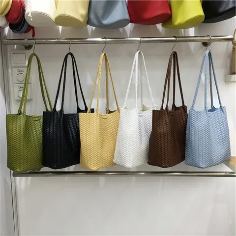 Women Fashion Woven Tote Bag Large Capacity PU Leather Shoulder Bag Casual Daily Commuter Handbag
