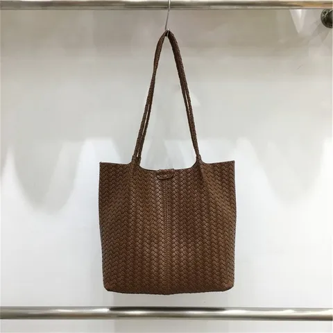 Women Fashion Woven Tote Bag Large Capacity PU Leather Shoulder Bag Casual Daily Commuter Handbag