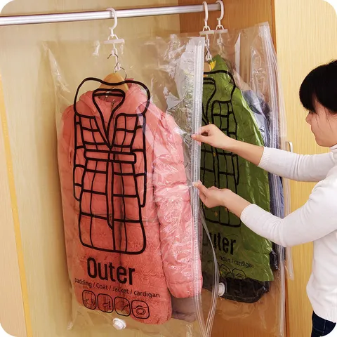 Sac de Rangement sous Vide Suspendu pour Ménage Sac de Compression Transparent pour Vêtements Doudoune Gain de Place Organisateur d'Armoire