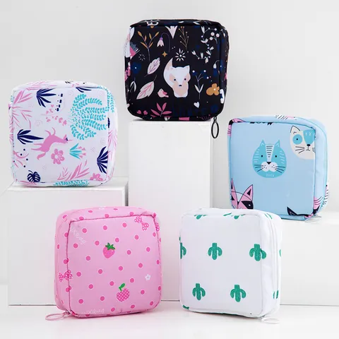 Portable Cartoon Sanitary Napkin Pouch Cute Nylon Travel Makeup Storage Bag Mini Cosmetic Organizer Bag for Women