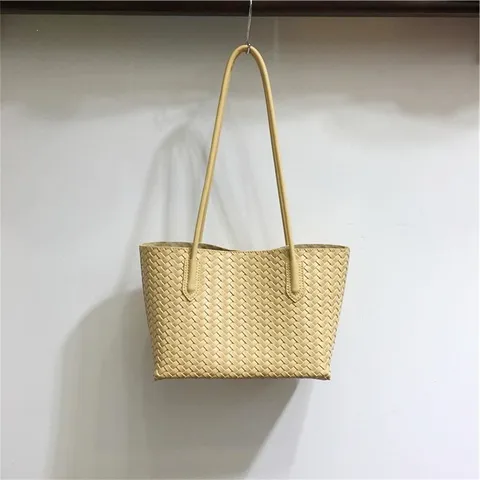 Women's Fashion Woven PU Leather Underarm Tote Bag Large Capacity Casual Shoulder Bag