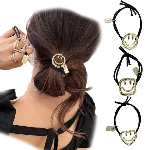 High Elastic Hair Ties Smiling Face Rhinestone Flower Butterfly Geometric Alloy Hair Bands Fashion Hair Accessories For Women Girls