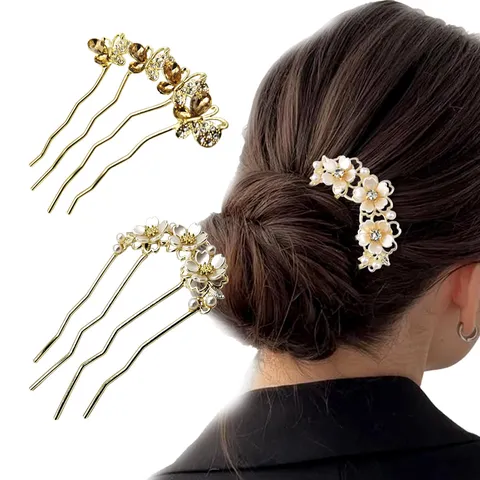 Neo-Chinese Alloy Rhinestone Flower Hair Stick Vintage Elegant Butterfly Artificial Pearl Hair Fork Hairpin Set For Women Daily Party Headwear