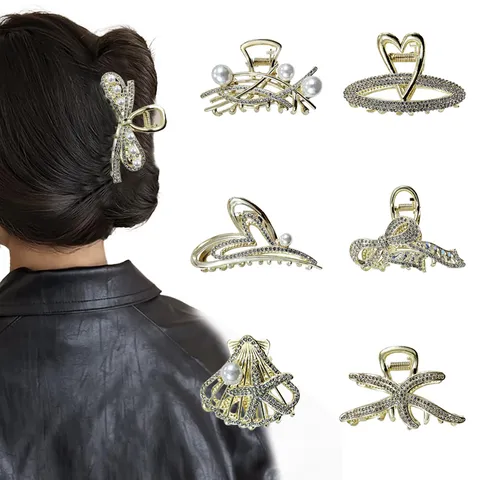 Große Strass Haarkralle Mit Künstlichen Perlen Hohles Herz Blume Stern Metall Haarspange Für Damen Elegante Party Haarschmuck