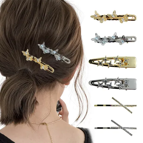 Legierung Strass Schmetterling Herz Stern Haarspangen Für Damen Glänzende Süße Coole Entenschnabel Pony Seiten Haarnadeln Kopfschmuck