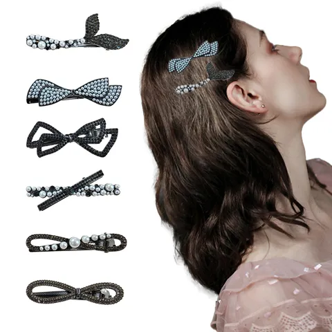 Fashion Gun Black Rhinestone Artificial Pearl Bowknot Hair Clip For Women Sweet Alloy Barrette Fringe Clip Headwear Accessory
