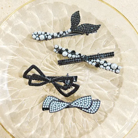 Fashion Gun Black Rhinestone Artificial Pearl Bowknot Hair Clip For Women Sweet Alloy Barrette Fringe Clip Headwear Accessory
