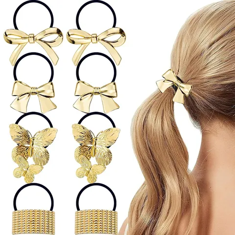 Minimalist Alloy Hair Tie Set For Women High-End Golden Metal Geometric Hair Ring Elastic Hair Rope Elegant Fashion Hair Accessories