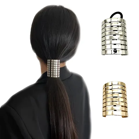 Manchette à Cheveux en Métal Creux Rayé Porte-Queue de Cheval Pince à Cheveux Anneau de Cheveux Femme Or Argent Accessoire Cheveux