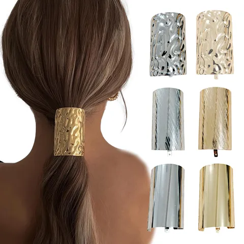 Metal Hair Ring Geometric Ponytail Holder For Women Punk Style Gold Silver Electroplated Brushed Metal Liquid Texture Hair Clips