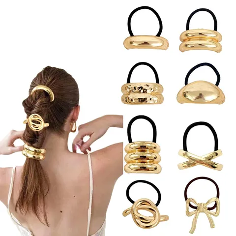 Minimalist Alloy Hair Tie Set For Women High-End Golden Metal Geometric Hair Ring Elastic Hair Rope Elegant Fashion Hair Accessories