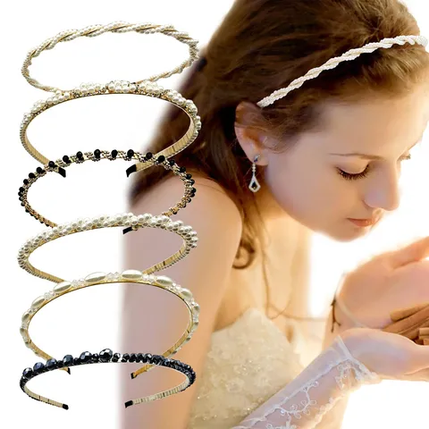 French Retro Pearl Headband Metal Twist Hair Band Rhinestone Hand-Woven Headband For Women Versatile Temperament Hair Accessory