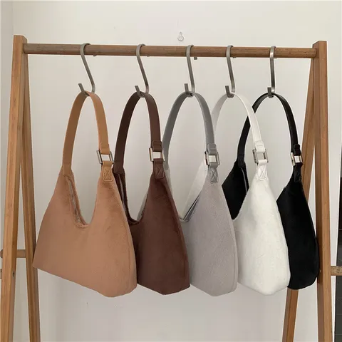 Women Plush Underarm Bag Soft Artificial Fur Hobo Handbag Winter Fashion Crescent Shoulder Bag Casual Daily Purse