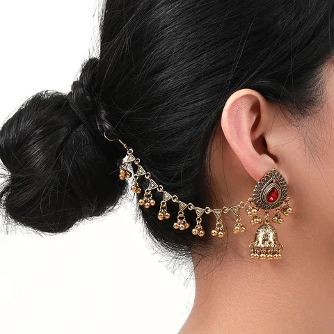 Vintage Indian Style Alloy Tassel Dangle Earrings And Hair Chain Set Bohemian Ethnic Jewelry Gift For Women