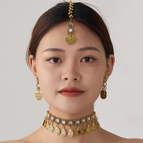 Bohemian Ethnic Vintage Retro Necklace Earrings And Headpiece Jewelry Set Alloy Tassel Choker For Women Party