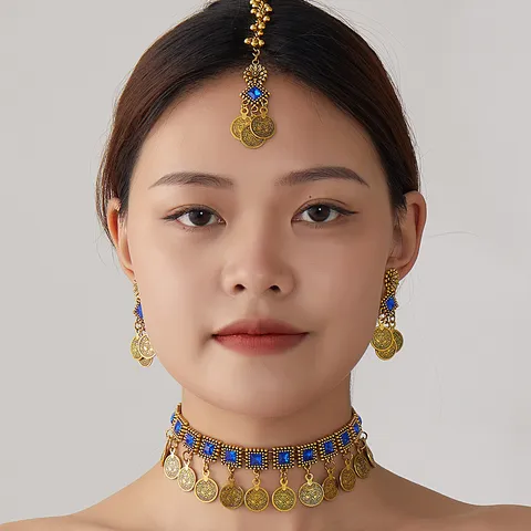 Bohemian Ethnic Vintage Retro Necklace Earrings And Headpiece Jewelry Set Alloy Tassel Choker For Women Party