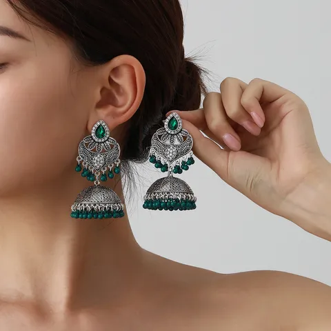 Vintage Bohemian Carved Long Tassel Dangle Earrings Alloy Rhinestone Ethnic Jhumka Earrings For Women