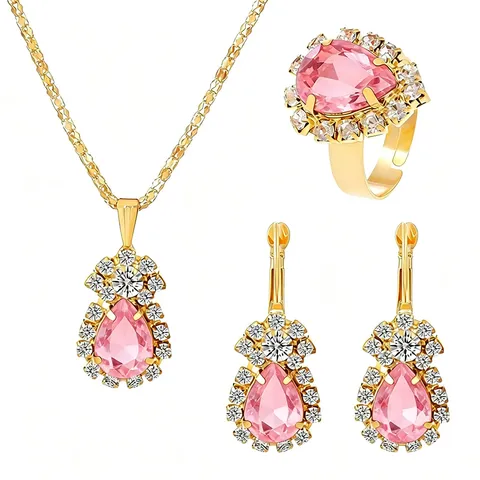 Luxury Alloy Rhinestone Teardrop Necklace Earrings Ring Set Gold Plated Fashion Jewelry Set For Women Party Wedding