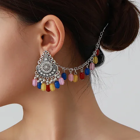 Bohemian Vintage Ethnic Alloy Dangle Earrings Hair Chain Set Long Tassel Drop Earrings For Women Jewelry