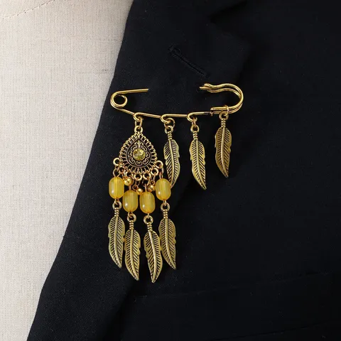 Bohemian Retro Alloy Feather Tassel Brooch Pin Elegant Geometric Clothing Accessories Jewelry Gift For Women