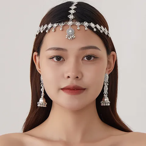 Bohemian Ethnic Retro Forehead Chain And Tassel Earrings Set Alloy Rhinestone Headpiece For Women Party Jewelry