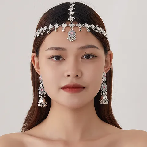 Bohemian Ethnic Retro Forehead Chain And Tassel Earrings Set Alloy Rhinestone Headpiece For Women Party Jewelry