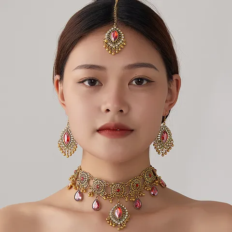 Exotic Ethnic Style Rhinestone Necklace Earrings Headpiece Set Alloy Retro Party Fashion Jewelry For Women