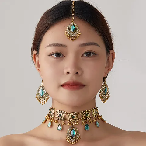 Exotic Ethnic Style Rhinestone Necklace Earrings Headpiece Set Alloy Retro Party Fashion Jewelry For Women