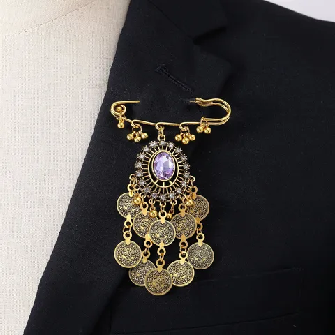 Vintage Bohemian Tassel Brooch Alloy Rhinestone Gemstone Safety Pin Retro Fashion Clothing Jewelry Accessories For Women