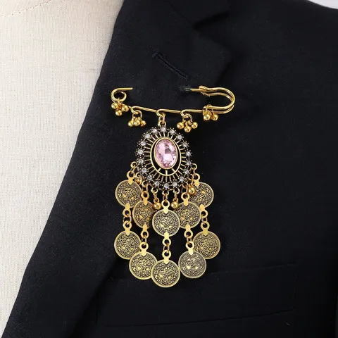 Vintage Bohemian Tassel Brooch Alloy Rhinestone Gemstone Safety Pin Retro Fashion Clothing Jewelry Accessories For Women