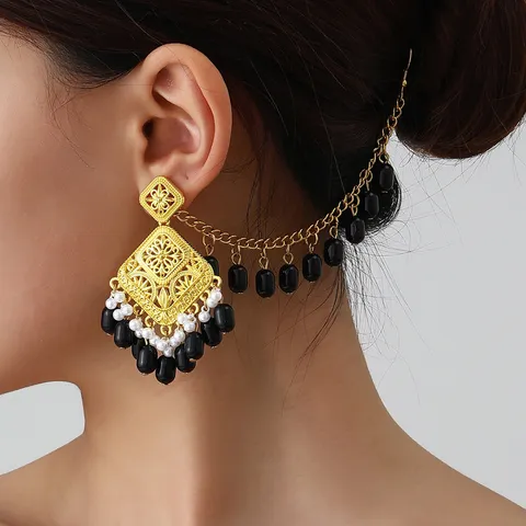 Vintage Ethnic Hollow Carved Alloy Tassel Stud Earrings With Artificial Pearl Geometric Dangle Drop Earrings For Women Jewelry