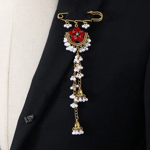 Vintage Ethnic Style Alloy Rhinestone Artificial Pearl Long Tassel Brooch Pin Women Fashion Jewelry