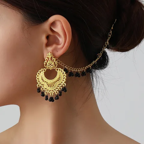 Retro Ethnic Carved Ear Chain Tassel Earrings Alloy Geometric Indian Style Dangle Earrings Jewelry For Women