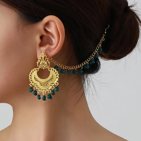 Retro Ethnic Carved Ear Chain Tassel Earrings Alloy Geometric Indian Style Dangle Earrings Jewelry For Women