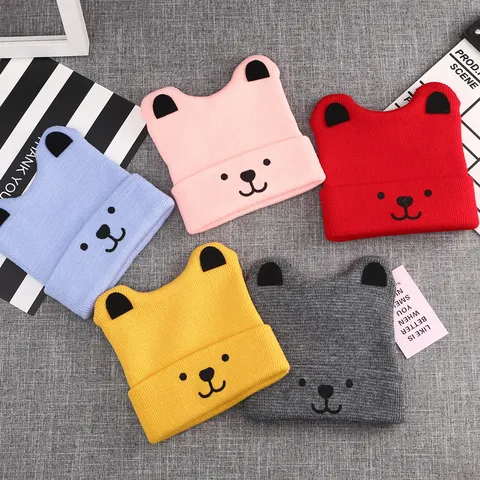 Säugling Baby Warme Strickmütze Süße Cartoon Bär Stickerei Ohrenschutz Winter Beanie Mütze Kleinkind Zubehör