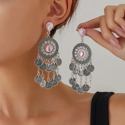 Vintage Ethnikou Styl Alloy Drop Synthetic Gem Rhinestone Tassel Pendentes Skoularikia Gynaikeia Kosmimata