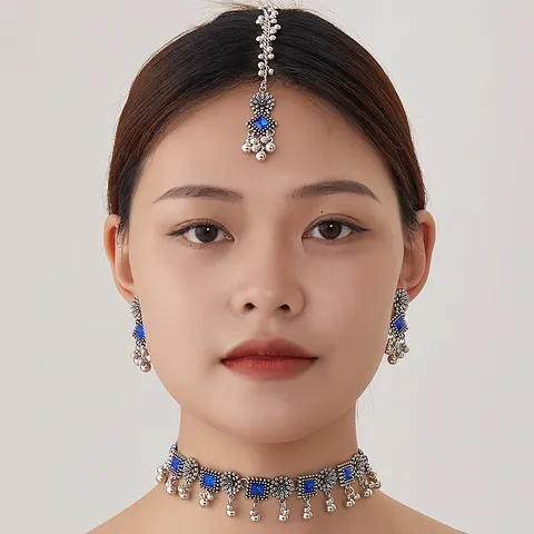 Bohemian Ethnic Style Alloy Rhinestone Necklace Earrings And Maang Tikka Set Fashion Jewelry For Women Wedding