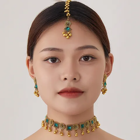 Bohemian Ethnic Style Alloy Rhinestone Necklace Earrings And Maang Tikka Set Fashion Jewelry For Women Wedding