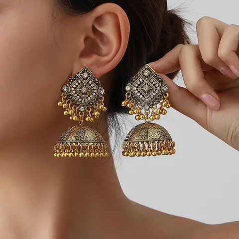 Vintage Indian Jhumka Tassel Earrings For Women Ethnic Style Alloy Rhinestone Dangle Drop Earrings Fashion Jewelry