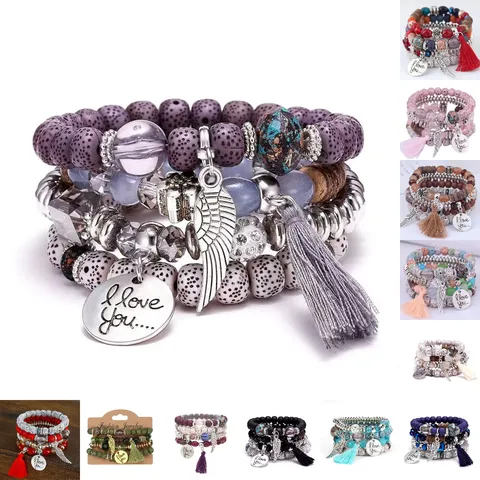 Bohemian Multi-Layer Beaded Bracelet Set Ethnic Vintage Stone Crystal Alloy Bangles Fashion Jewelry For Women Gift