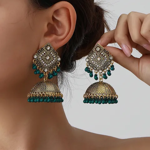 Vintage Indian Jhumka Tassel Earrings For Women Ethnic Style Alloy Rhinestone Dangle Drop Earrings Fashion Jewelry