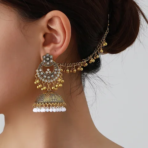 Vintage Indian Bell Tassel Alloy Earrings With Rhinestone Statement Ethnic Dangle Earrings For Women Jewelry