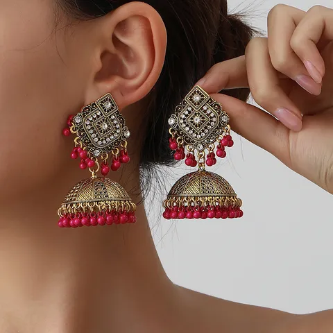 Vintage Bohemian Alloy Rhinestone Tassel Drop Earrings Ethnic Bell Jhumka Earrings Fashion Jewelry Gift For Women