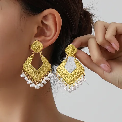 Vintage Geometric Alloy Rhinestone Tassel Dangle Earrings For Women Long Drop Earrings Fashion Jewelry Gift