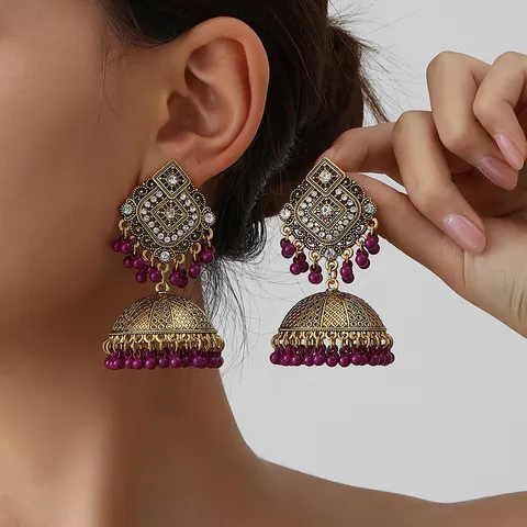 Vintage Bohemian Alloy Rhinestone Tassel Drop Earrings Ethnic Bell Jhumka Earrings Fashion Jewelry Gift For Women